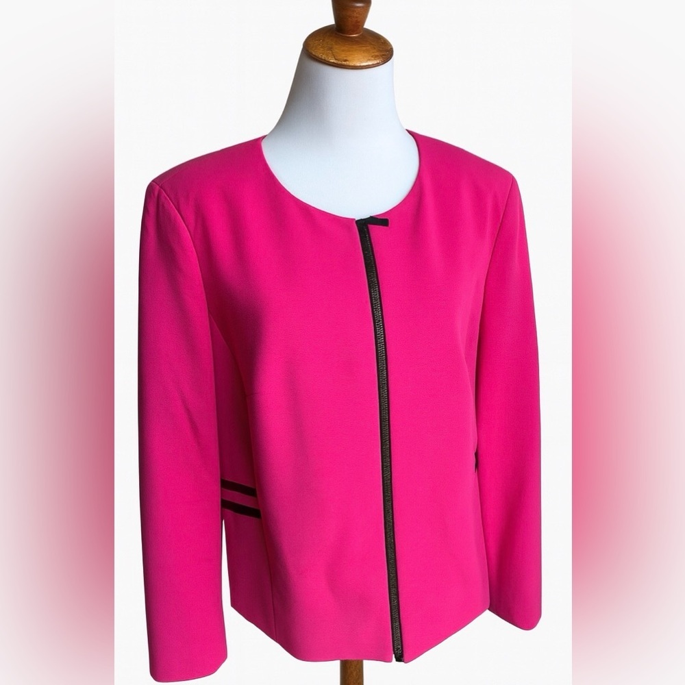 Jones New York Fuchsia Zip-Front Blazer w/ Faux Leather Trim (Size 16)